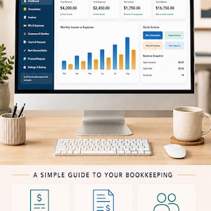 May include: A digital bookkeeping and accounting software interface displayed on a computer monitor. The screen shows a dashboard with financial data, charts, and navigation menus. Below, a guide lists features like record transactions, manage invoices, and backup.