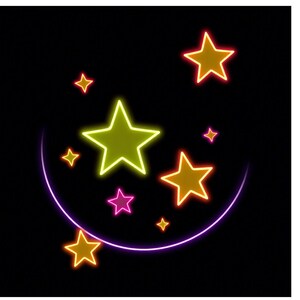May include: A black background with a neon design featuring stars and a crescent moon. The stars are in various sizes and colors, including yellow, orange, and pink, with a neon outline. A purple neon crescent moon is at the bottom.