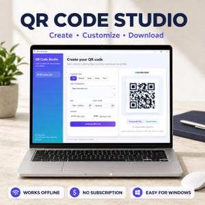 May include: A laptop screen displaying the QR Code Studio software interface. The application features a blue sidebar, a central panel for content input, and a live preview window showing a generated QR code. Text includes QR CODE STUDIO.
