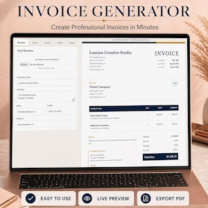 May include: A laptop screen displaying an invoice generator interface with fields for business details, client information, and itemized billing. The software features a live preview pane showing a professional invoice template with dark blue accents.