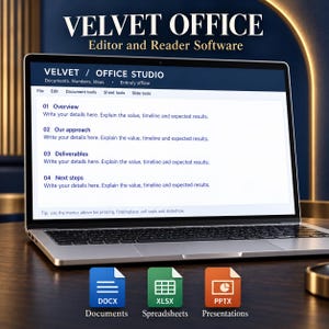 May include: A laptop displaying the Velvet Office Editor and Reader Software interface with a document titled Velvet Office Studio. Below the screen are three icons labeled DOCX Documents, XLSX Spreadsheets, and PPTX Presentations in blue, green, and orange.