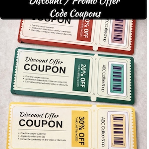 May include: An image of three discount coupons with the text "Discount Offer COUPON". The coupons are red, green, and yellow, each with a different percentage off. The text "40 Editable PDF Discount / Promo Offer Code Coupons" is at the top.