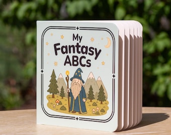 Fantasy ABC-kartongbok, trollkarlsdrakealfabet, babyshowerpresent, nördig babybok
