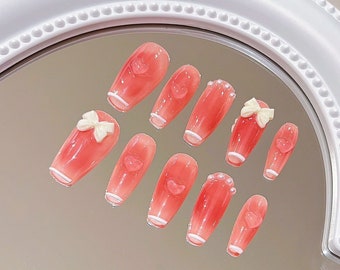 Soft Rose Press-On Nails Adorned with Dainty White Bows/cat eye nails/kawaii nails/y2k nails/vegan nails/abstract press on nails#067