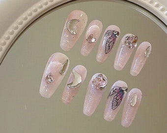 Pastel Rose Pink  Press on Nail with Moon Rhinestone and Butterfly/Fairy Nails/luxury press on nails/abstract press on nails/y2k nails#075