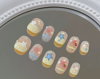 Summer Cute Blush and Yellow French with Star Prints Press On Nails/ hand painted nails/ Kawaii Nails/ Korean Nails/ Cute Nails#111