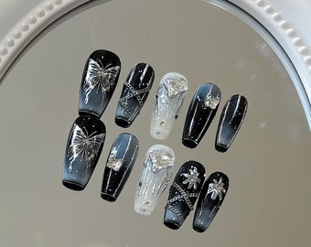 Black & Silver Press On Nails with Butterfly Motifs and Diamond Embellishments/Reusable Nails/Press On Nails UK/Y2k Nails/Custom Nails#056