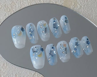 Ice Blue Press-On Nails with Moon and Star Accents/abstract nails/jelly nails/cat eye nails/Press On Nails UK#054