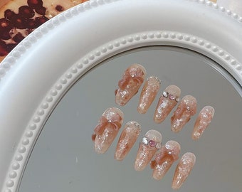 Ballerina Champagne Glitter Blush with Bowtie Rhinestones Press on Nails/ Jewel Gem Reusable Nails/ Ribbon Nails/ Barbie Fairy Nail#116