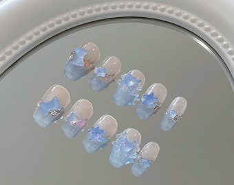 Clear Sky Pastel Blue Ombre Press On Nails with Candy Crystal Gems/Princess Nails/kawaii nails/Korean Nails/abstract nails#020