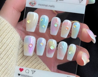 Opalescent Press On Nails with Iridescent Accents/luxury press on nails/abstract nails/ombre nails/y2k nails#89