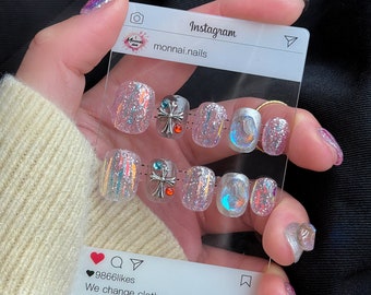 Sparkle-Festooned Press On Nails with Charms/abstract nails/reusable nails/glue on nails/y2k nails/chrome nails#87