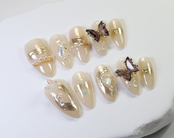 Luxe Press-On Nails met glinsterende vlinders en parels/y2k nagels/3d nagels/Koreaanse nagels/abstracte pers op nagels#125