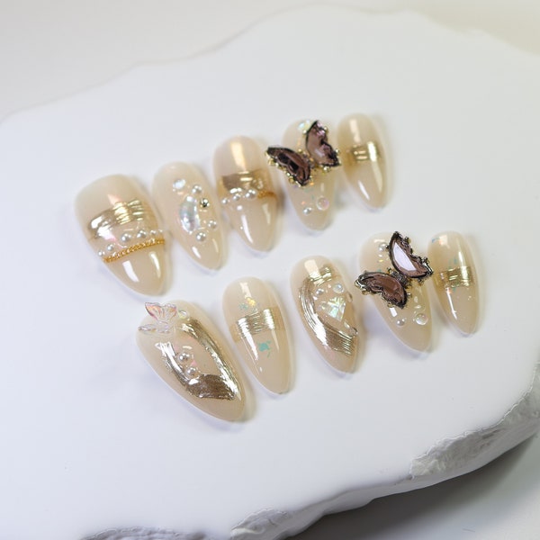 Ongles à presser luxueux avec papillons et perles scintillants/ongles y2k/ongles 3D/ongles coréens/ongles à presser abstrait # 125