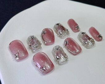 Silver Blush Press On Nails/cat eye nails/hand painted nails/Kawaii Nails/Korean Nails/Y2K nails#112