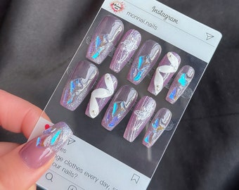 Lavendel dromen: iriserende edelstenen op glitter pers op nagels/y2k nagels/fairy nagels/Franse nagels/jelly nagels #85