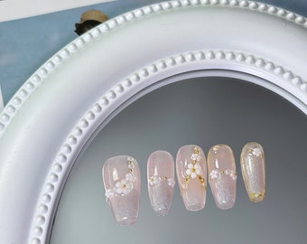 Pink Flower Glitter Press On Nails with Gold Flakes/Flower Acrylic Nails/Kpop Nails/Spring Nails/Y2k Nails#088