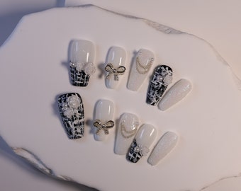 Luxe Press-On Nails with Black & White Details/abstract press on nails/luxury press on nails/coffin nails/y2k nails#123