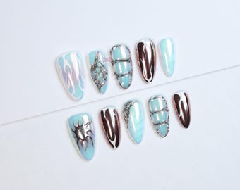 Ongles à presser métalliques dégradés, gel 3D, an 2000, lot de 10
