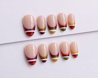 Retro French Tip Press On Nails, Burgundy and Olive Green Color Block Design