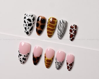 Mixed Animal Print Press On Nails, Leopard, Zebra, Cow and Giraffe Patterns