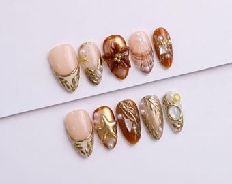 Amber and Gold Press On Nails with 3D Flowers, Seashells and Pearls