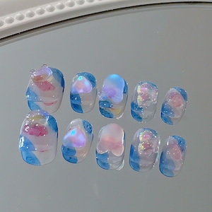 Cotton Candy Clouds: Pastel Pink and Blue Press-On Nails/anime nails/jelly nails/candy nails/cartoon nails/kawaii nails/kpop nails#034