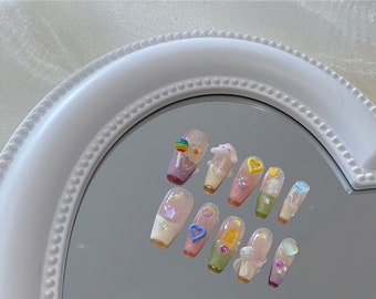 Kawaii Pastel Press On Nails with Rainbow and Glitter Accents/ Cute press on nails/Anime Nails/cartoon Nails/Sanrio Nails#013