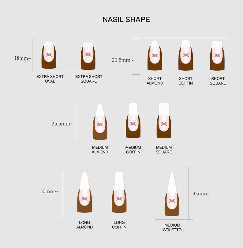 The image is a nail shape chart that provides different nail shape options and their corresponding nail length. It includes short, medium, and long oval nails, as well as short almond, coffin, and square nails. The chart provides a visual representation of the nail shape and its corresponding length, making it easier for nail technicians to identify and choose the appropriate nail shape for their clients.