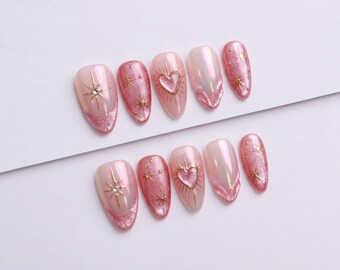 Pink Glitter Press On Nails with Gold Stars, Hearts and Chrome Accents