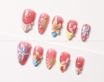 Pink Tropical Press On Nails with 3D Flowers, Seashells and Starfish