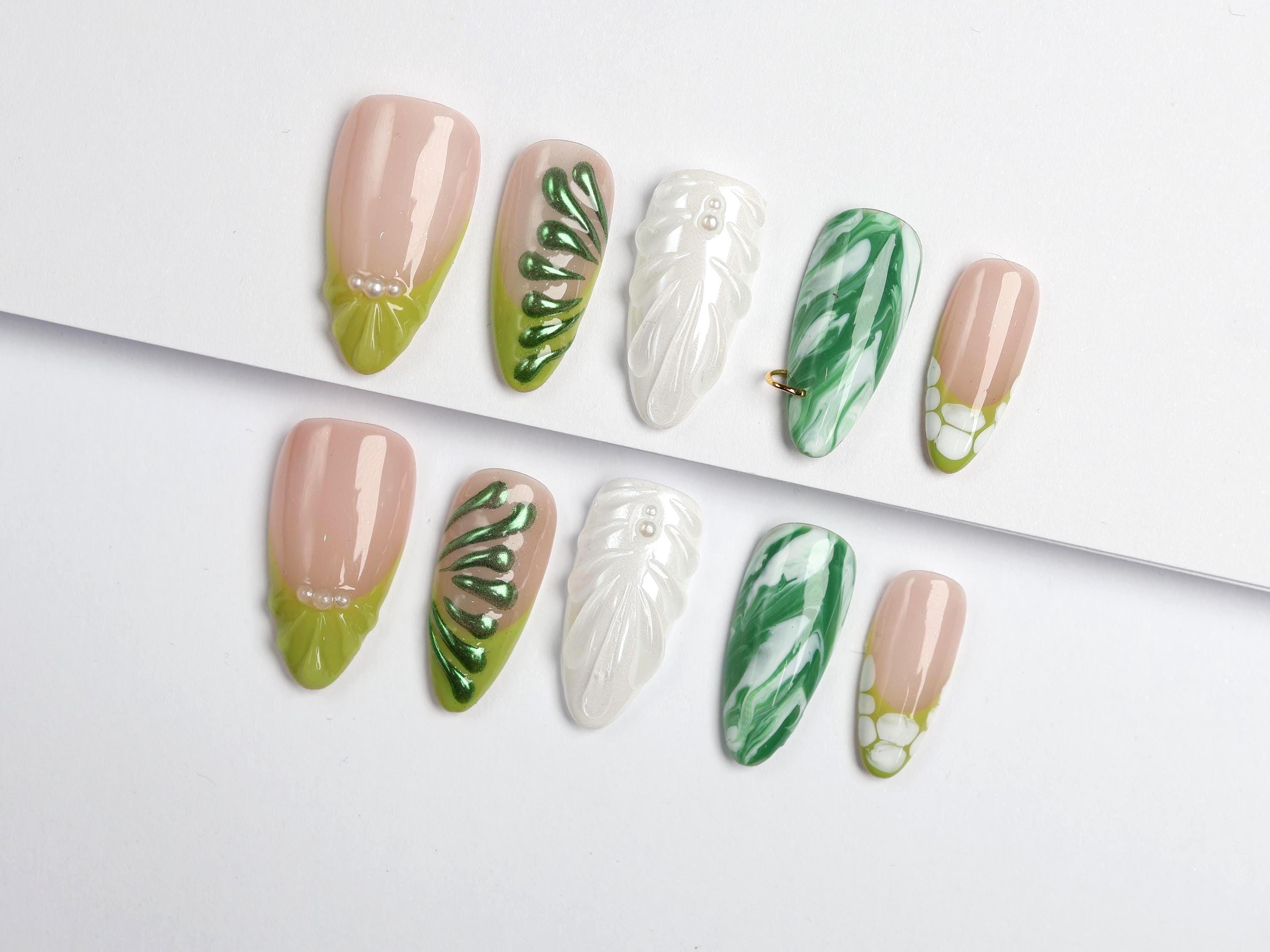 Long Nails with 3D Swirl Leaves