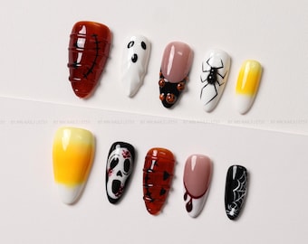 Halloween Press On Nails with Ghost, Pumpkin and Spider Designs