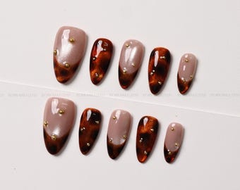 Tortoiseshell Cat Eye Press On Nails with Nude French Tips and Gold Studs