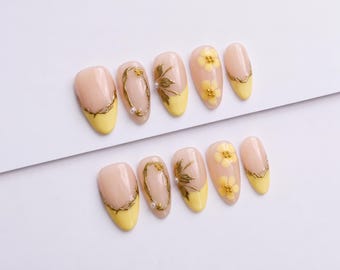 Butter Yellow French Tip Press On Nails with Flowers and Gold Chrome