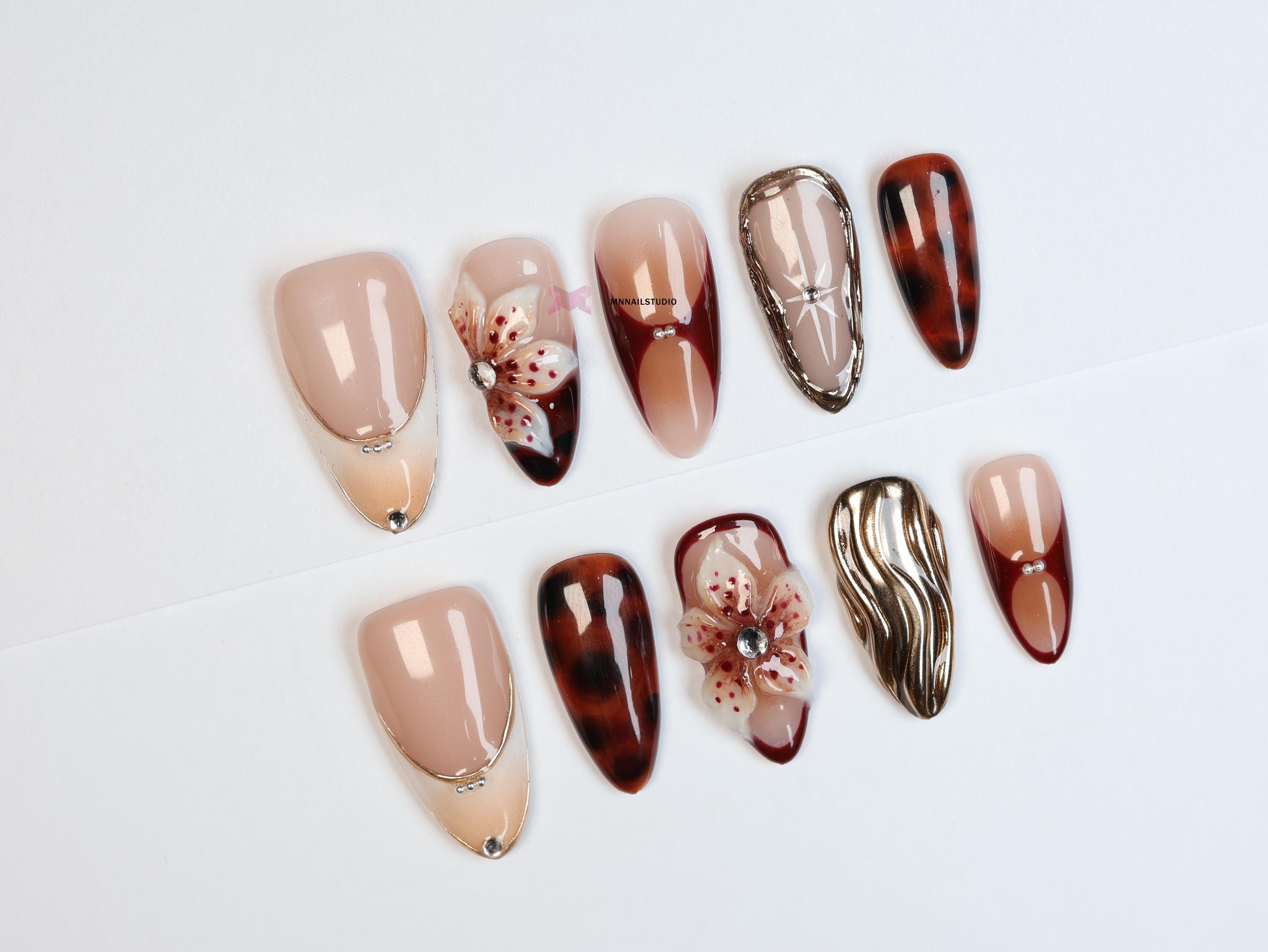 Tortoise Shell and Floral Press-On Nails/3d nails/Autumn nails/Reusable Nails/Press On Nails UK/Y2k Nails/Custom Nails#056