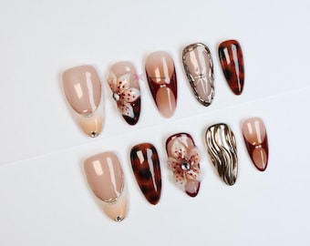 Schildpad bloemen 3D pers op nagels, herbruikbare nagelset herfst