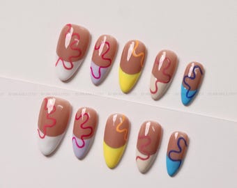 Colorful French Tip Press On Nails with Bright Squiggle Art