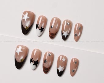 Star French Tip Press On Nails, Nude Shimmer with Black and Brown Tips