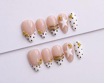 Polka Dot French Tip Press On Nails with Gold Rings and 3D Stars