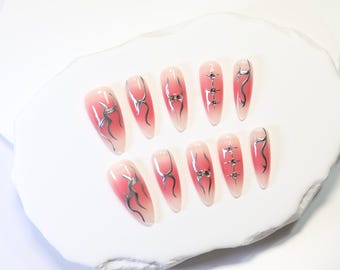 Red Marble Art Press-On Nails, Gothic Y2K Style (Set of 10)