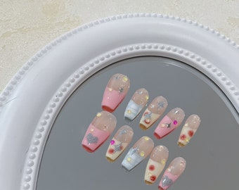 Long Kawaii Multicoloured Pastel Press on nails with Hearts and Stars Designs/cat eye nails/Japanese Nails/abstract nails/jelly nails#079