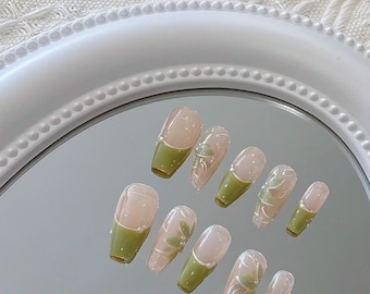 Green Tea French Tip Press On Nails: Floral Spring Nail Set