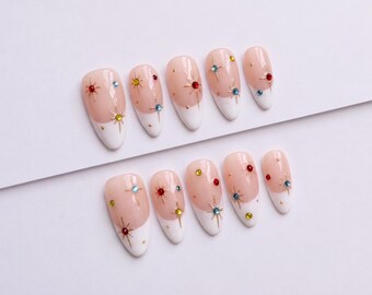 White French Tip Press On Nails with Gold Stars and Colorful Rhinestones
