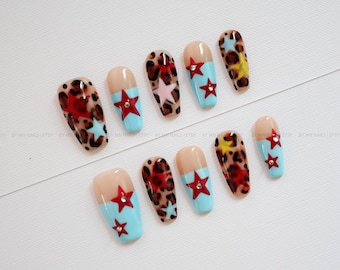 Luipaard- en sterrenprint plaknagels | Blauwe French tip, rode sterren, dierenprint, Y2K, handgemaakt