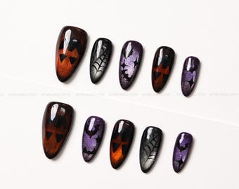 Halloween Cat Eye Press On Nails, Orange Pumpkins, Purple Bats and Spiderwebs
