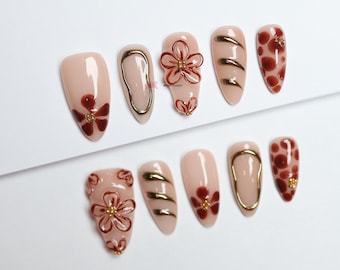 Autumn Floral Press On Nails: Gold Accent 3D Gel, Luxury Y2K Style