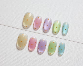 Candy Rainbow Dot Press On Nails | Veelkleurige geleinagels, parelachtige glans, oranje stippen, handgemaakte kawaii-nagelset