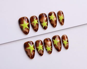 Brown Tortoiseshell Press On Nails with 3D Lime Green Stars