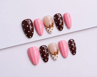 Pink and Brown Press On Nails with Polka Dots, Stripes and Bows